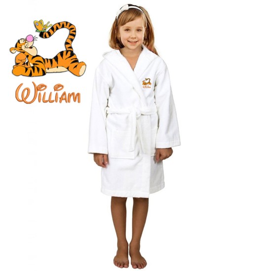 Orange Tiger Cartoon Design & Custom Name Embroidery on Kids Hooded Bathrobe